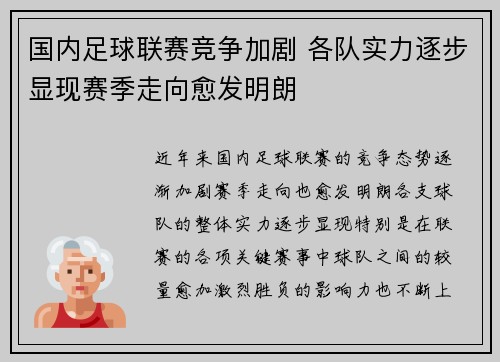 国内足球联赛竞争加剧 各队实力逐步显现赛季走向愈发明朗 国内足球联赛竞争加剧 各队实力逐步显现赛季走向愈发明朗