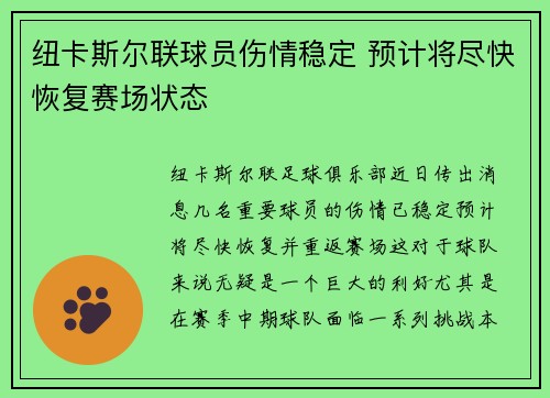 纽卡斯尔联球员伤情稳定 预计将尽快恢复赛场状态 纽卡斯尔联球员伤情稳定 预计将尽快恢复赛场状态