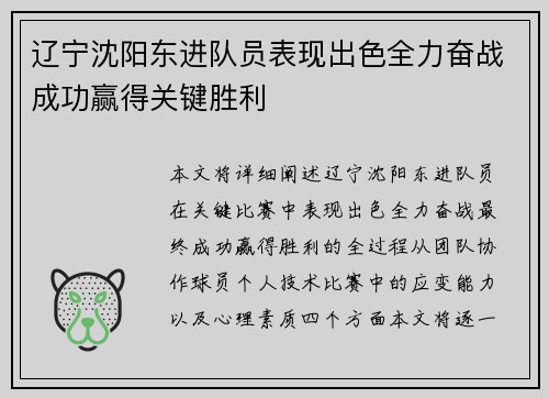辽宁沈阳东进队员表现出色全力奋战成功赢得关键胜利 辽宁沈阳东进队员表现出色全力奋战成功赢得关键胜利